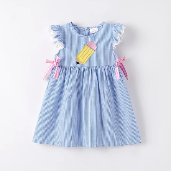 Back to School Pencil Girls Boutique Blue Striped Dress - Picture 1 of 6